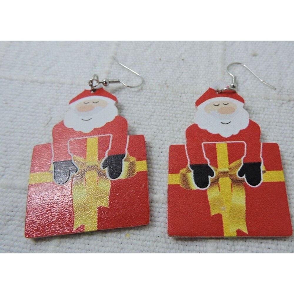 Santa with present vinyl wire earrings 2 1/2 inches